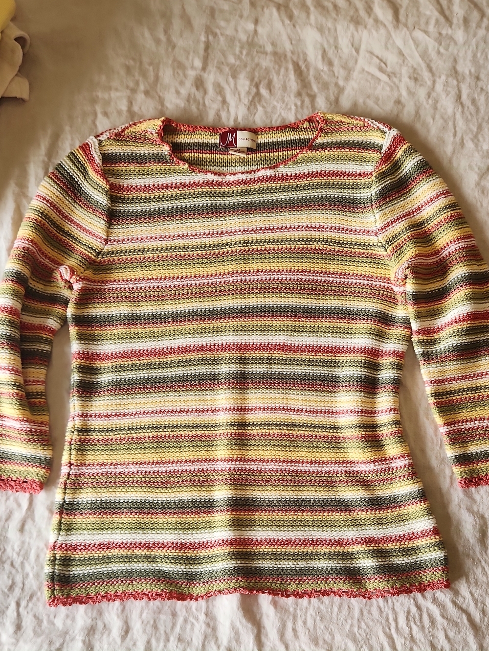 JM Collection Striped Scoop Neck Sweater in Yellow, Pink & Green